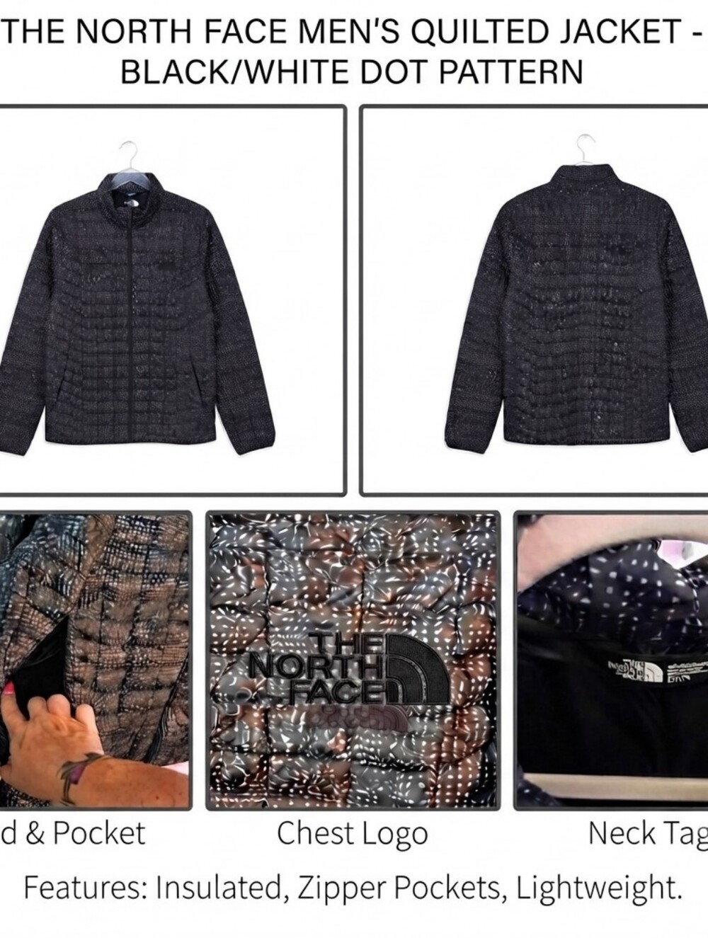 The North Face Men's Quilted Jacket - Black with White Dot Pattern